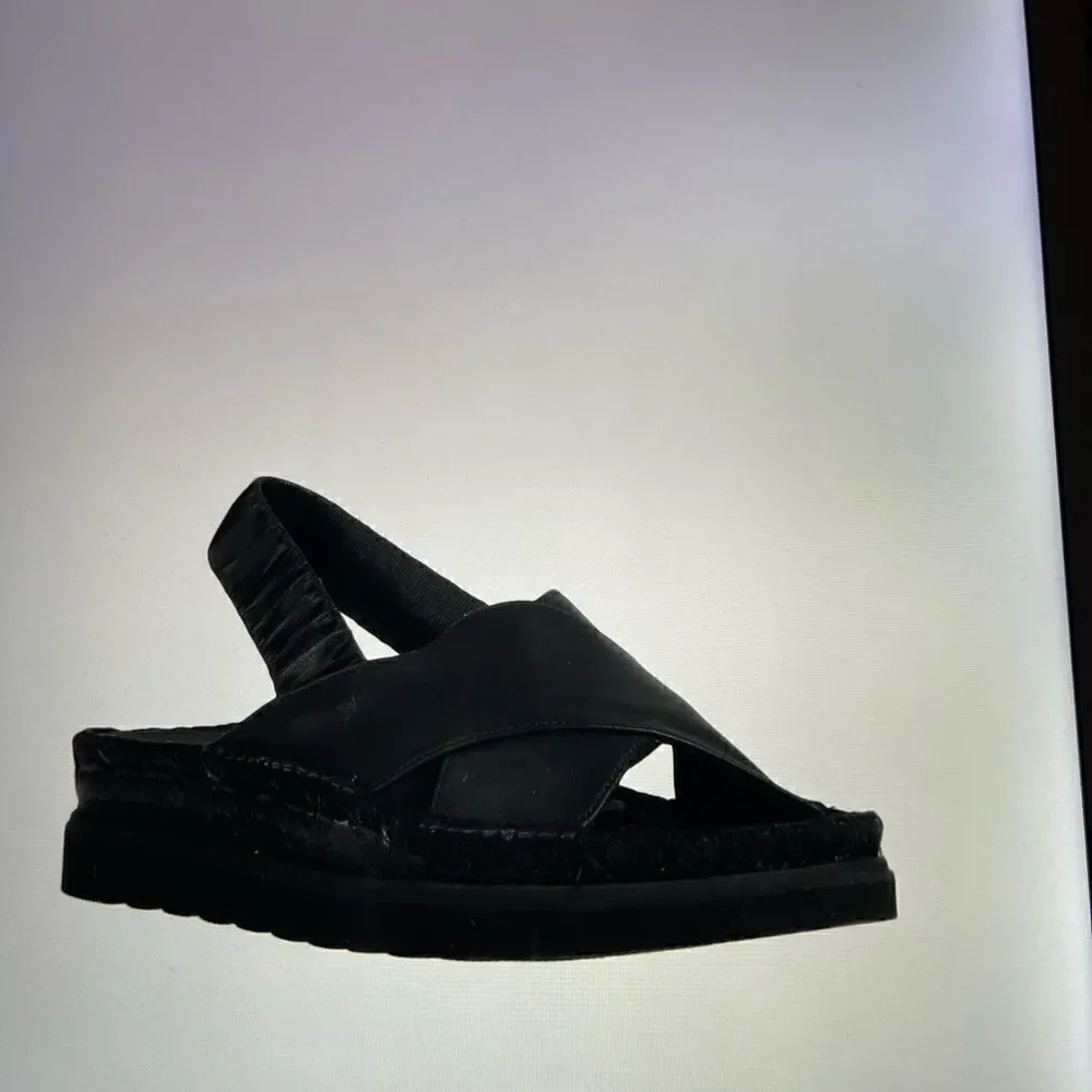 Black Leather Slingback Espadrille Sandal - Women